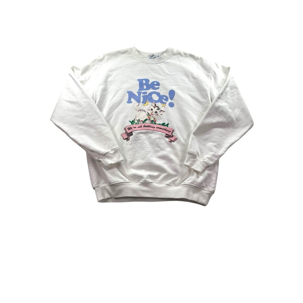 The Mayfair Group Be Nice Sweatshirt Size XS White Pullover Cat Graphic Cotton